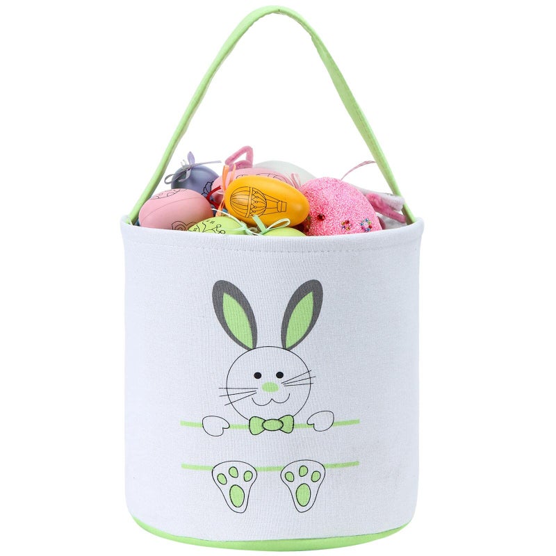 XinblueCo Easter Bunny Basket Egg Bags for Kids,Canvas Cotton Personalized Candy Egg Basket Rabbit Print Buckets with Fluffy Tail Gifts Bags for Easterâ€¦â€¦ - Image 1